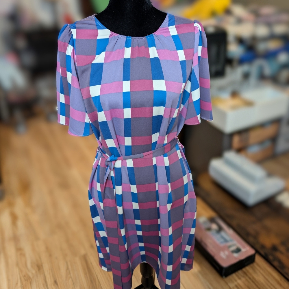 Ann Taylor Factory Plaid Flutter Sleeve Flare Dress | Large | Blue Purple